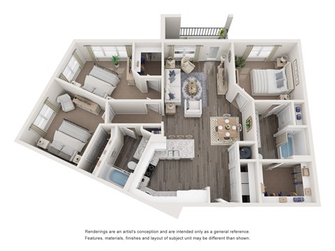Floor plan for 3 beds, 2 baths, 1415 sqft